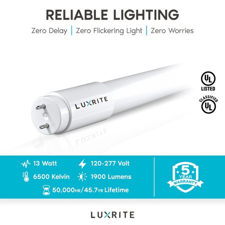 Luxrite T8 LED Tube Light Bulbs 13W (32W Equivalent) 1900LM 6500K Daylight Type A+B G13 Base 12-Pack LR34194-12PK